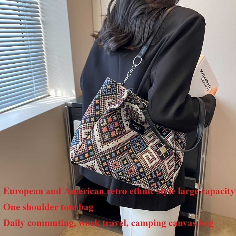 

Sac fourre-tout rétro ethnique pour femmes - Grande , réutilisable, sac à bandoulière zippé avec design , sac à main de plage décontracté pour les