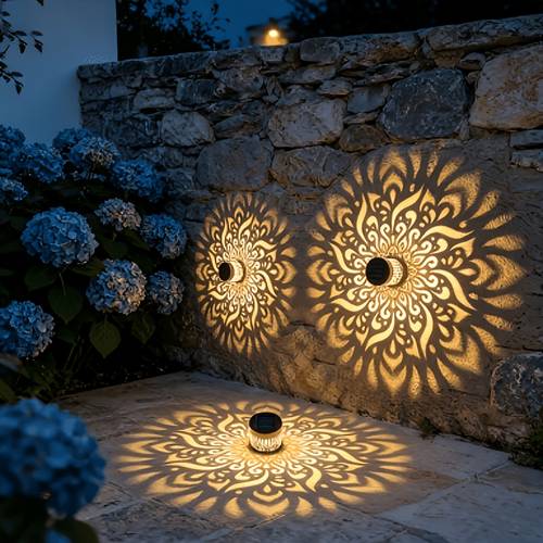warm light mandala projection solar lights for outdoor fence wall decorative led shadow pattern lamp ambiance for garden patio backyard stairs deck courtyard pathway porch railings and driveway