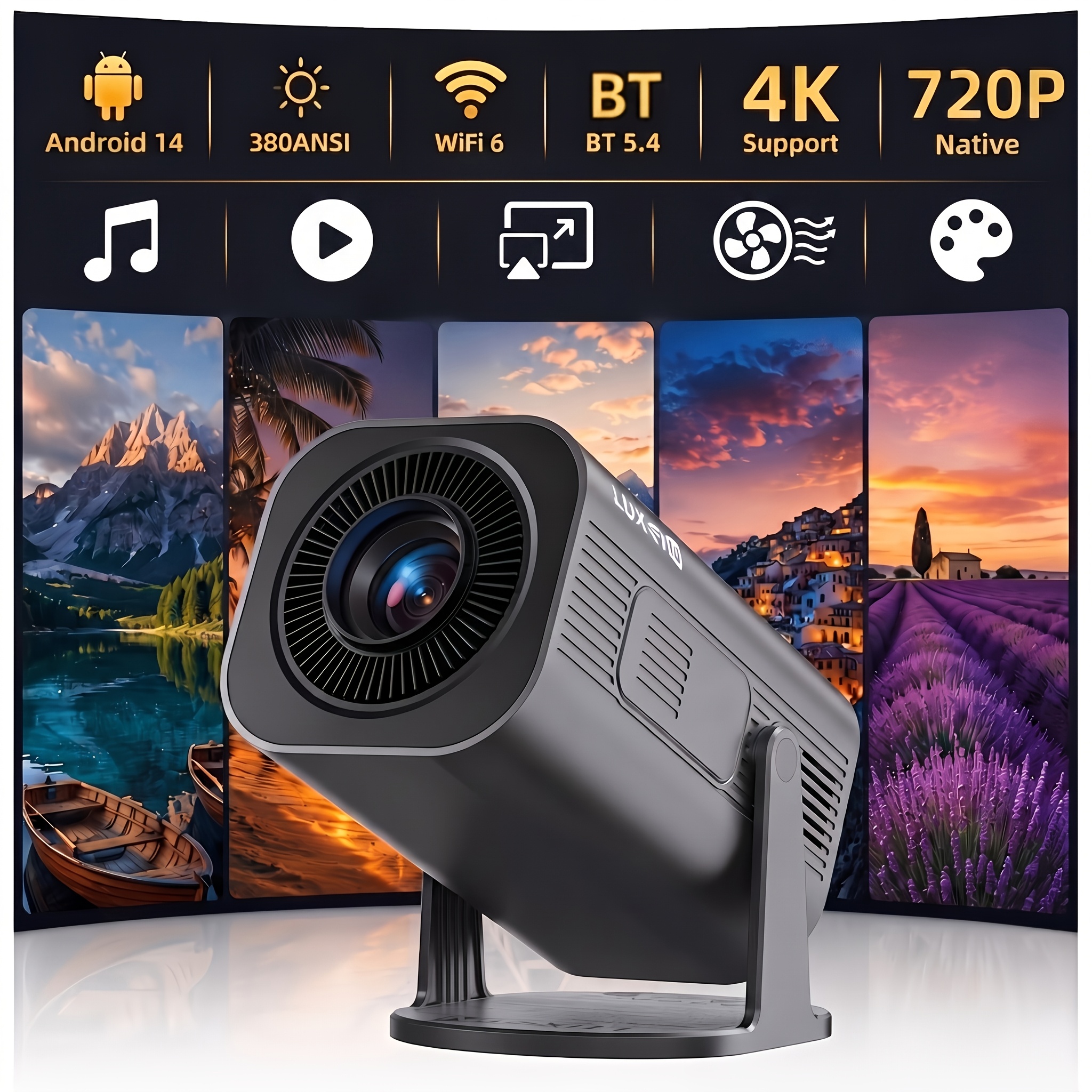 Image of Luxvyn Portable Projector Native 720p 4k 30fps 380ansi 14 Wifi & Usb Cast For Windows Auto Keystone Cinema Outdoor Travel
