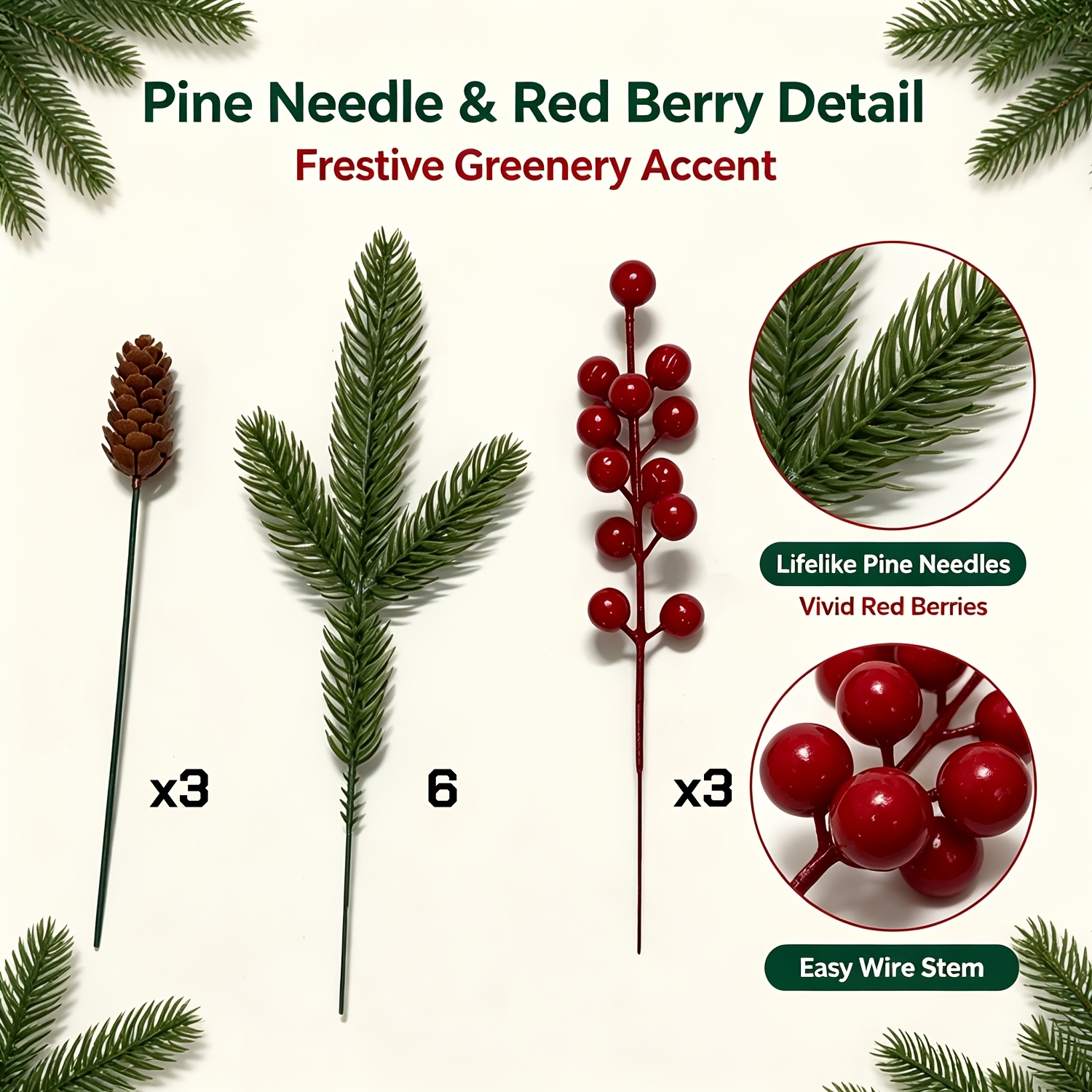 TEMU 12pcs Christmas Decorations, Artificial Pine Needles, Artificial Pinecones And Artificial Red Berries Bouquet, Suitable For Home Decor, Kitchen