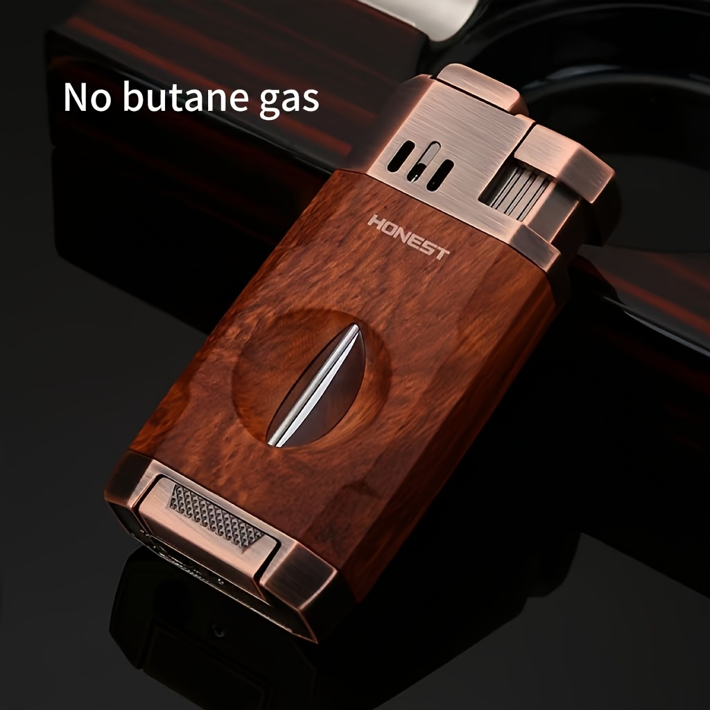 (Fuel Not Included) Cigar Lighter, Torch Lighter With V-shaped Cigar Cutter, Built-in Cigar Clip, Visible Air Window, Cigar Torch Lighter, Cool Lighter Suitable For Candles, Dual Windproof Jet Flame, Integrated Torch Cigar Lighter With Double Flame