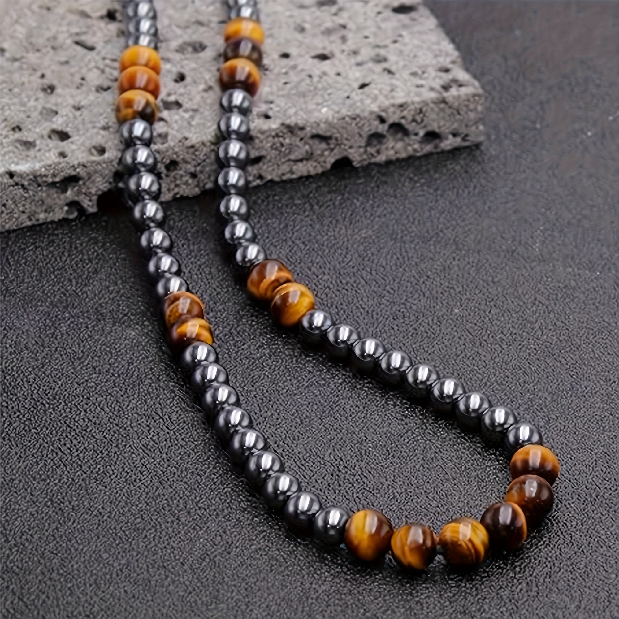 collier pour hommes en œil de tigre & perles dhématite -    , protection équilibrée et   Détails du produit 1