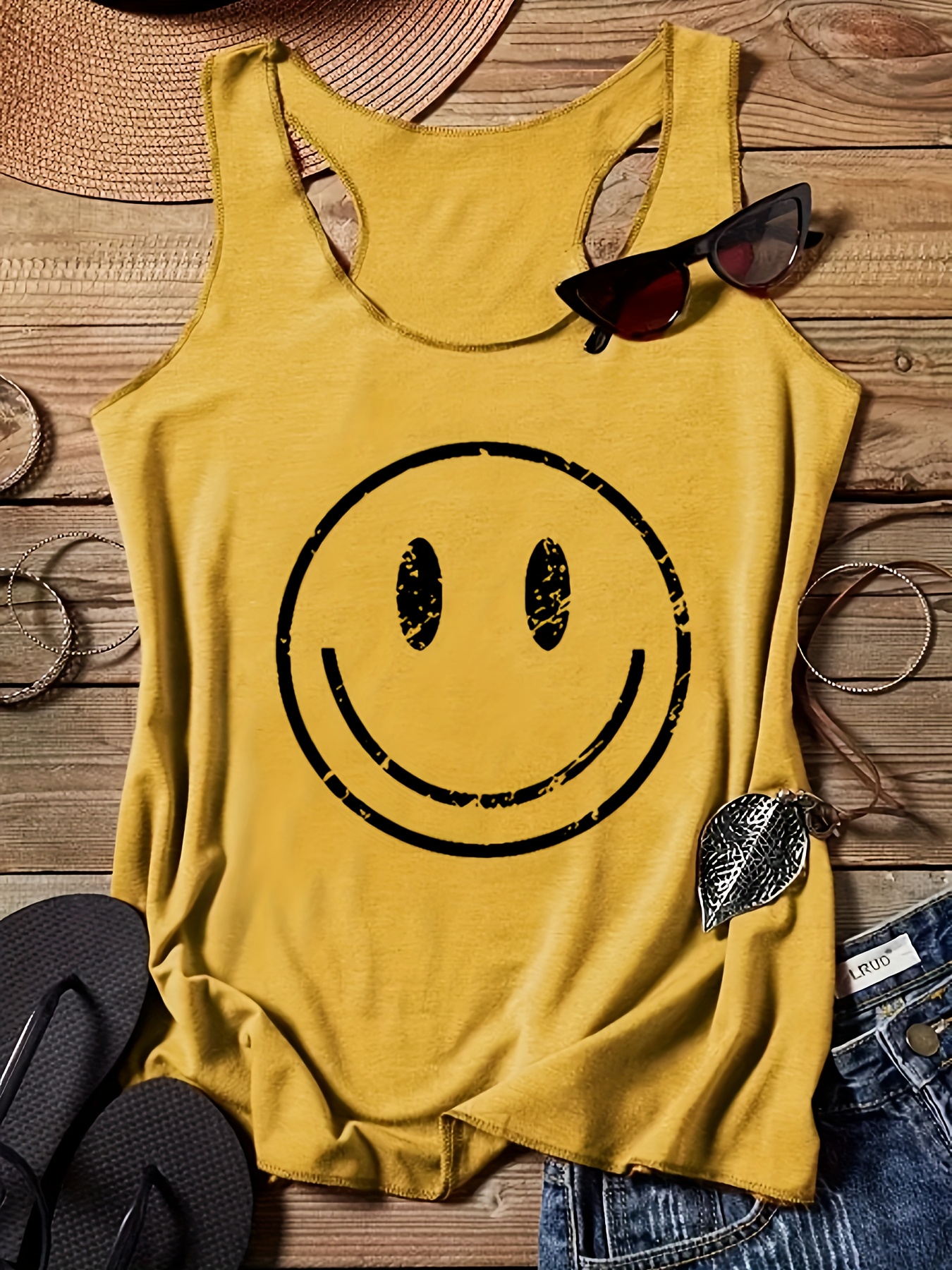 Smile Print Crew Neck Tank Top, Casual Sleeveless Tank Top For Summer, Women's Clothing