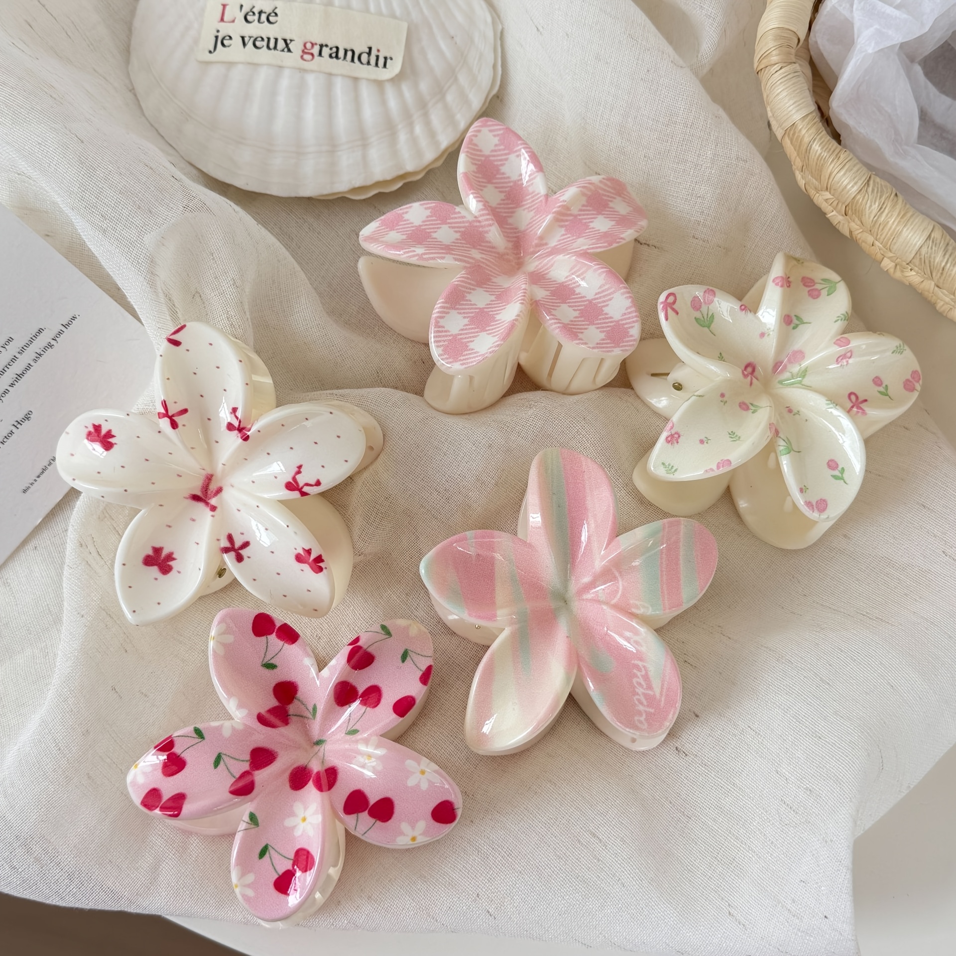 TEMU 5pcs Nouveaux Pinces à Cheveux à Fleurs d'Oeufs et Imprimé Cerises à Carreaux, Pinces à Cheveux Élégantes et Mignonnes pour Femmes, Pinces