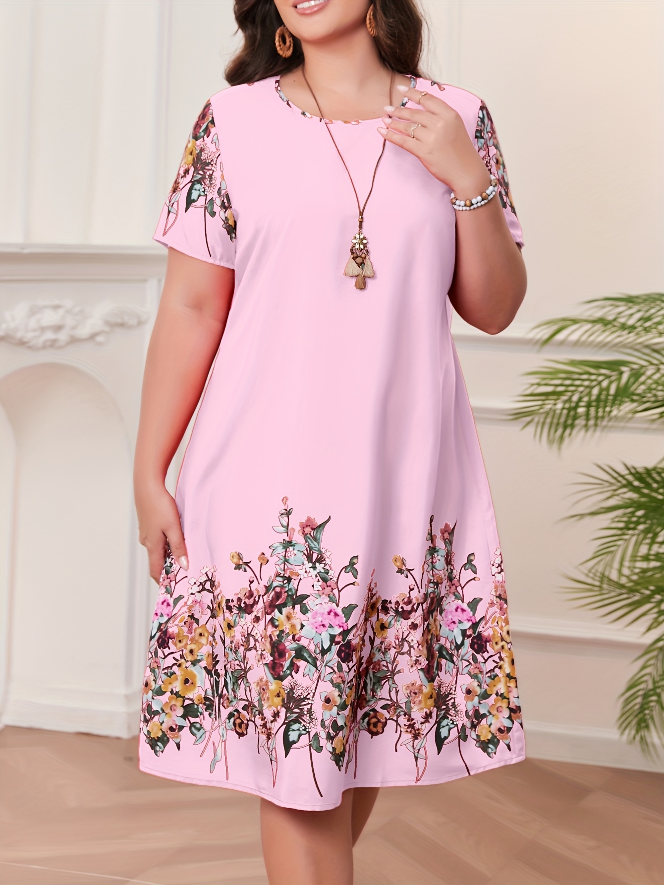 Plus Size - Plus Size - Women'S Plus-Size Spring And Summer Round-Neck Straight Dress with Printed Design, Made from Comfortable Non-Stretch Fabric, Machine Washable, Perfect for Outings And Vacations