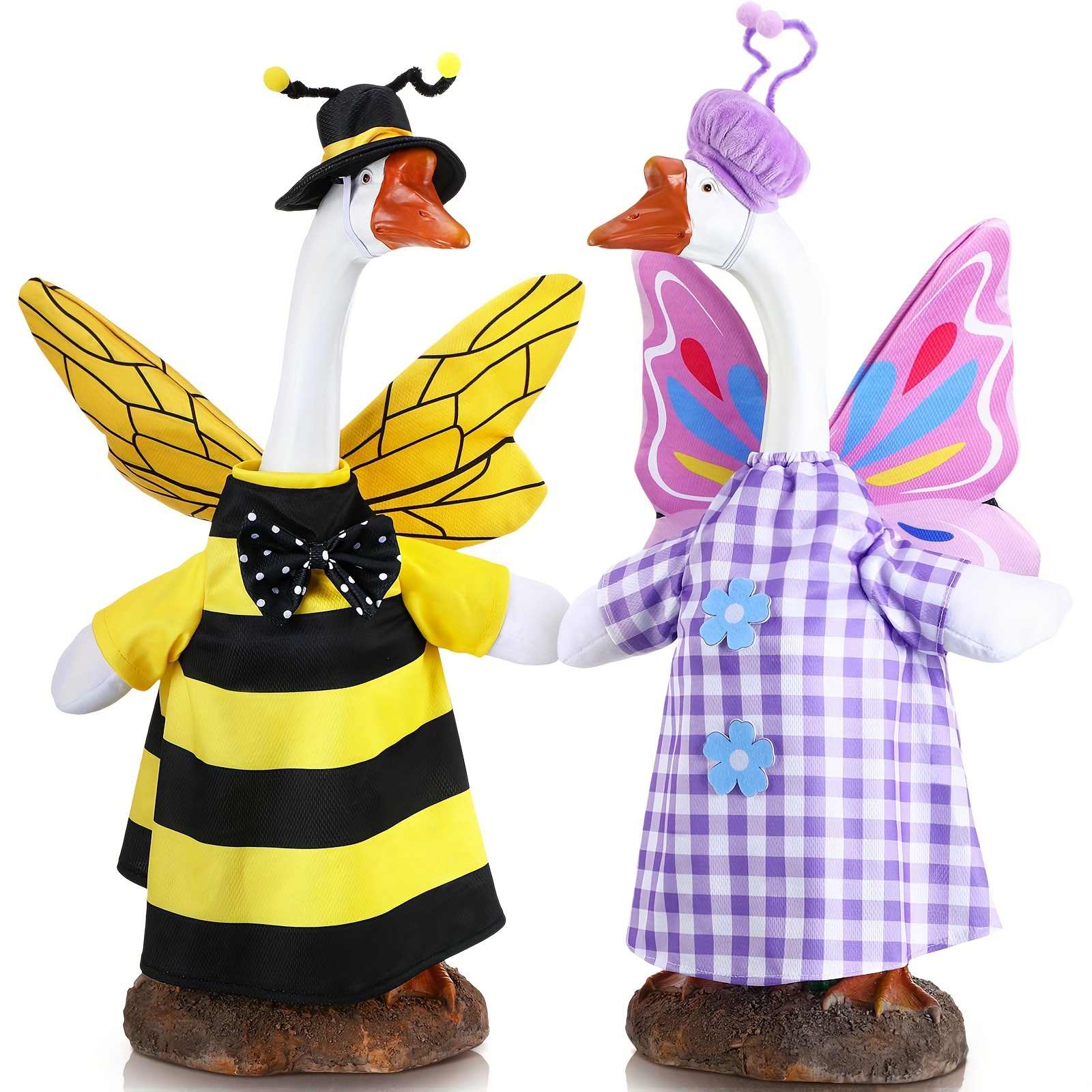 TEMU 2 Set Goose Outfits Clothes 23 Inch Garden Raincoat Flag Bee Fishing Style Porch Goose Outfits Costume For Spring Easter Lawn Patio Decor