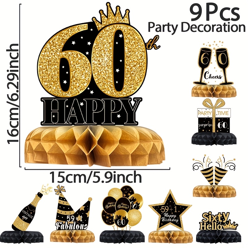 Image of 9pcs Party Decoration, Black Golden Honeycomb Ball Set, 60th Happy Birthday Decor, Desktop Centerpiece, Birthday Party Table Decor, Birthday Decor, Birthday Supplies