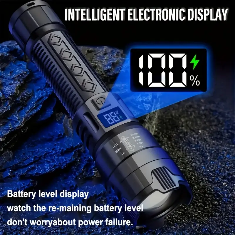 set of 2 rechargeable led torches with adjustable zoom and battery level display featuring options suitable for outdoor activities camping work and emergency details 3