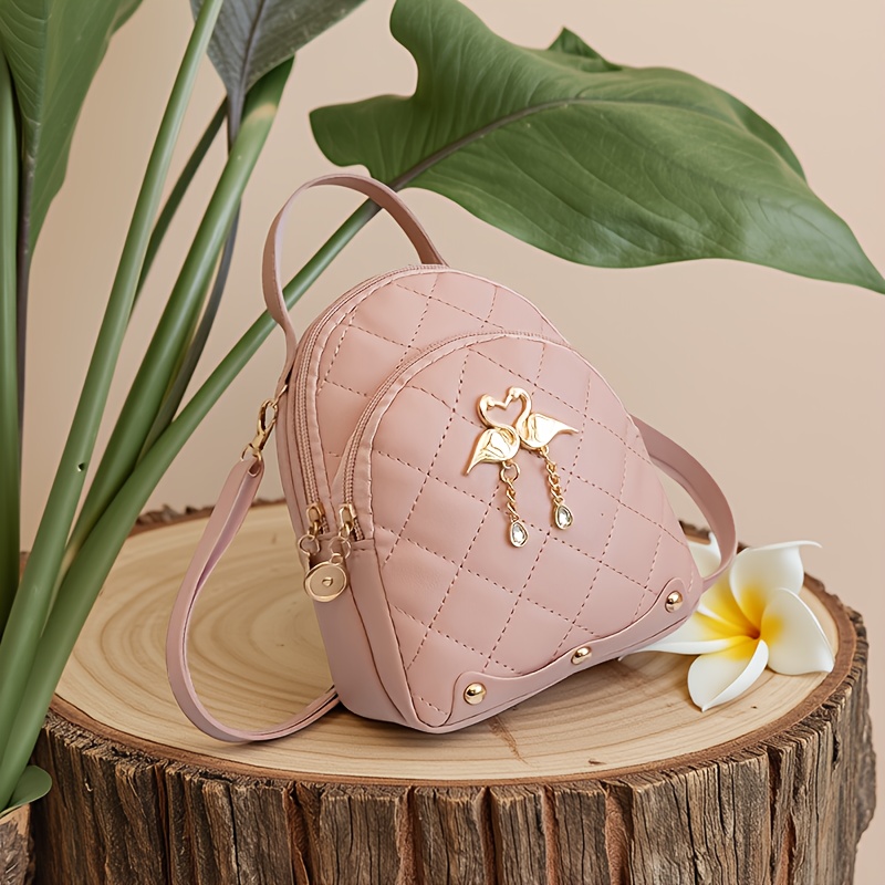 TEMU Fashionable And Elegant Solid-color Rhombus Backpack, Women's Backpack With Decoration, Worn As A Crossbody Or Backpack, Fits Phone , Adjustable