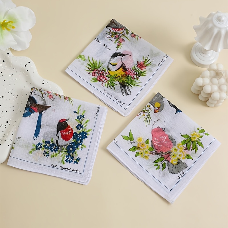 Set Of 3 Women's Printed Cotton Handkerchiefs, Featuring Vintage Designs With Nostalgic Birds, Butterflies, And…: retailer-supplied image
