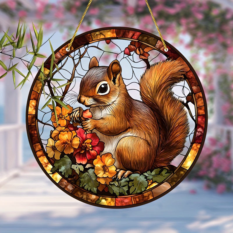 

Squirrel Suncatcher - 8"x8" Stained Glass Window Hanging, Fall & Country Home Decor, Ideal Gift , Mom, Sisters, Women - Great For Bedroom, Office, Garden