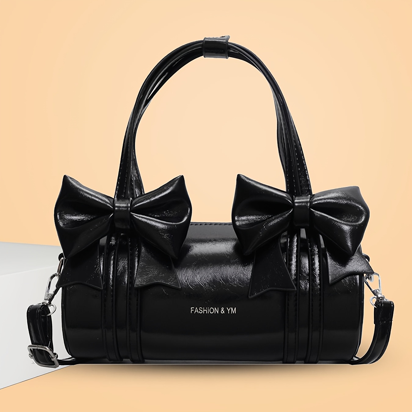 

【Élégance Quotidienne】Sac à Main Élégant en Similicuir Noir avec Grand Nœud Papillon - Sac Bandoulière Tendance avec Bandoulière Détachable, Fermeture Éclair et Doublure en Polyester