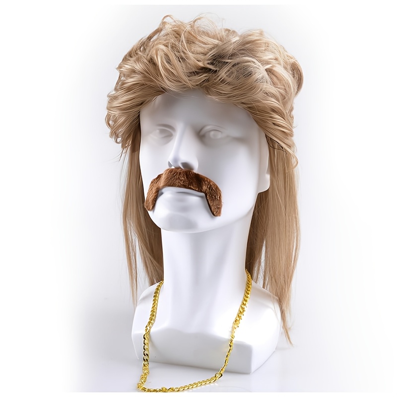 TEMU Ensemble Perruque Vintage des Années 80 en Fibre Basse Température avec Barbe et Chaîne Dorée, Couverture Intégrale de pour Costume de Fête