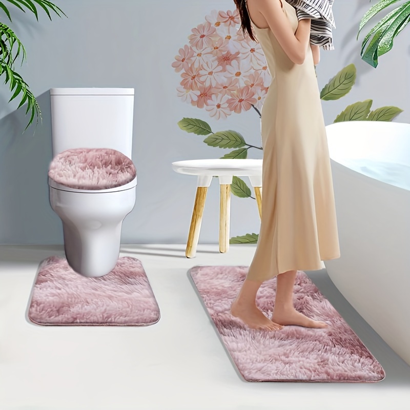 

3-piece Bathroom Rug Set Non-slip Soft Polyester Bath Mat, U-shaped Toilet Mat, And Absorbent Toilet Seat Cover With Pvc Backing - Perfect For Hotel/restaurant Use