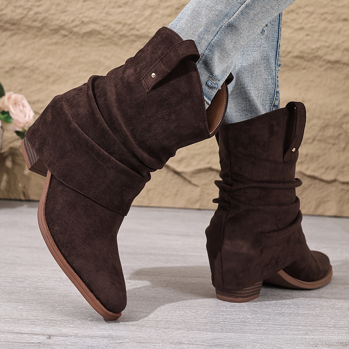 TEMU New Women's Brown Relaxed Western Boots With Chunky Heels, Mid-calf Square-toe Cowboy Boots, Women Shoes