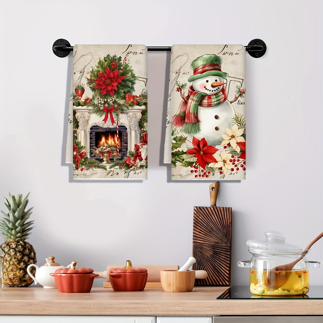 

2pcs Set Of Absorbent Christmas Kitchen Towels, 27.5*17.7in Snowman Fireplace Pattern Towels For Theme