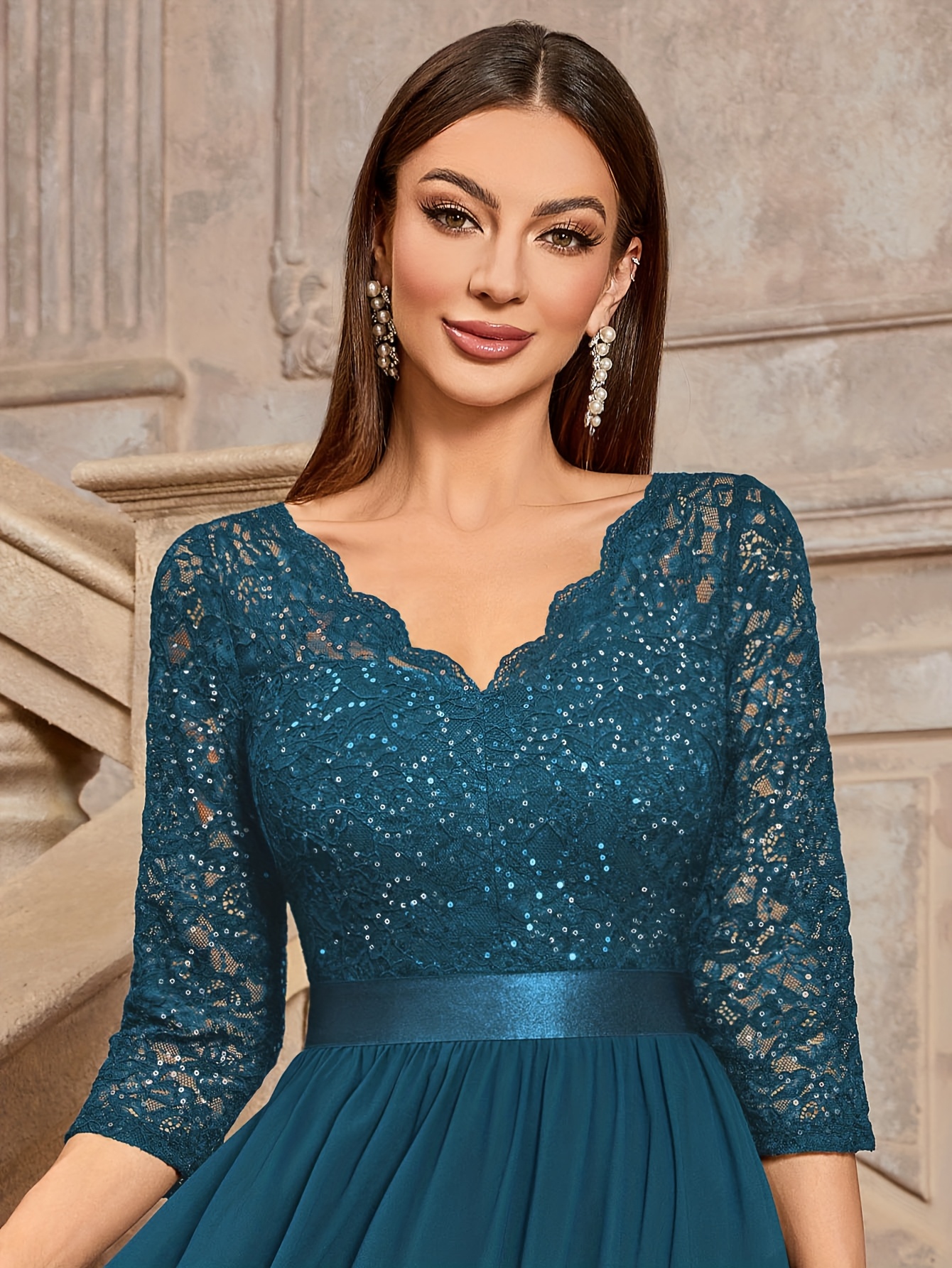 new popular elegant v neck sequin floral lace ruched chiffon - Temu