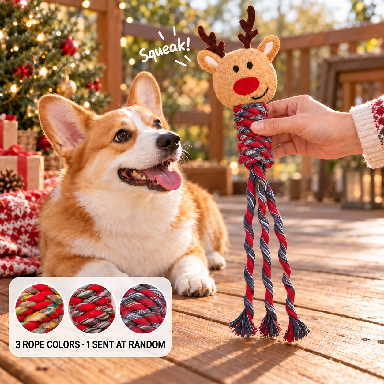 TEMU Juguete para masticar para perros con forma de reno chirriante navideño, cuerda trenzada multicolor con nudos, peluche chirriante con cabeza de