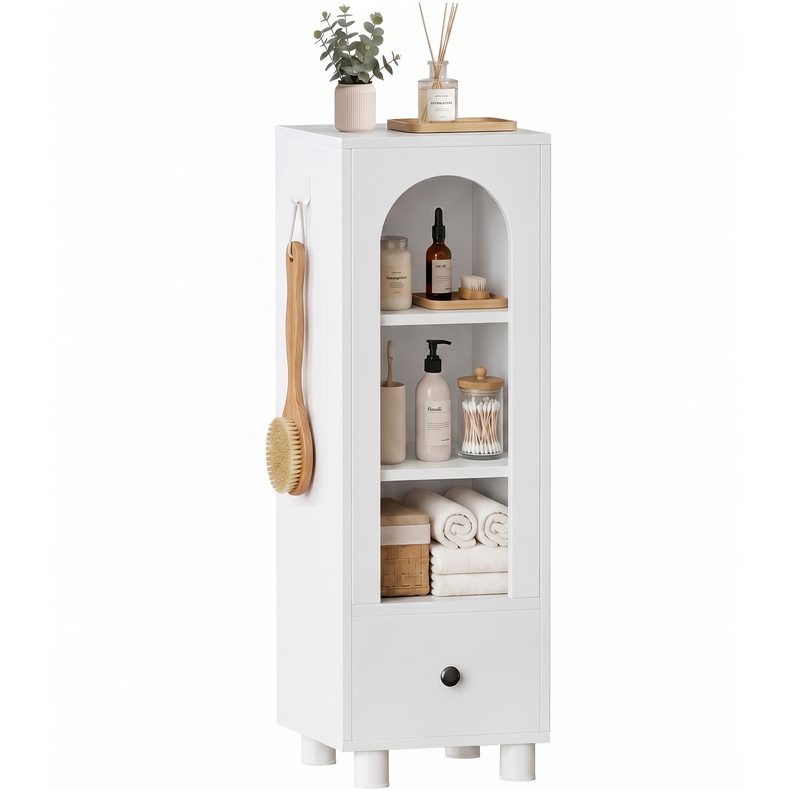 Image of Single Row Slim Bathroom Storage Cabinet With Arched Open Shelves, Freestanding Cabinet With 1 Drawer And Adjustable Shelves, Narrow Cabinet With Hooks For Bathroom, White 30 X 30 X 88.9 Cm