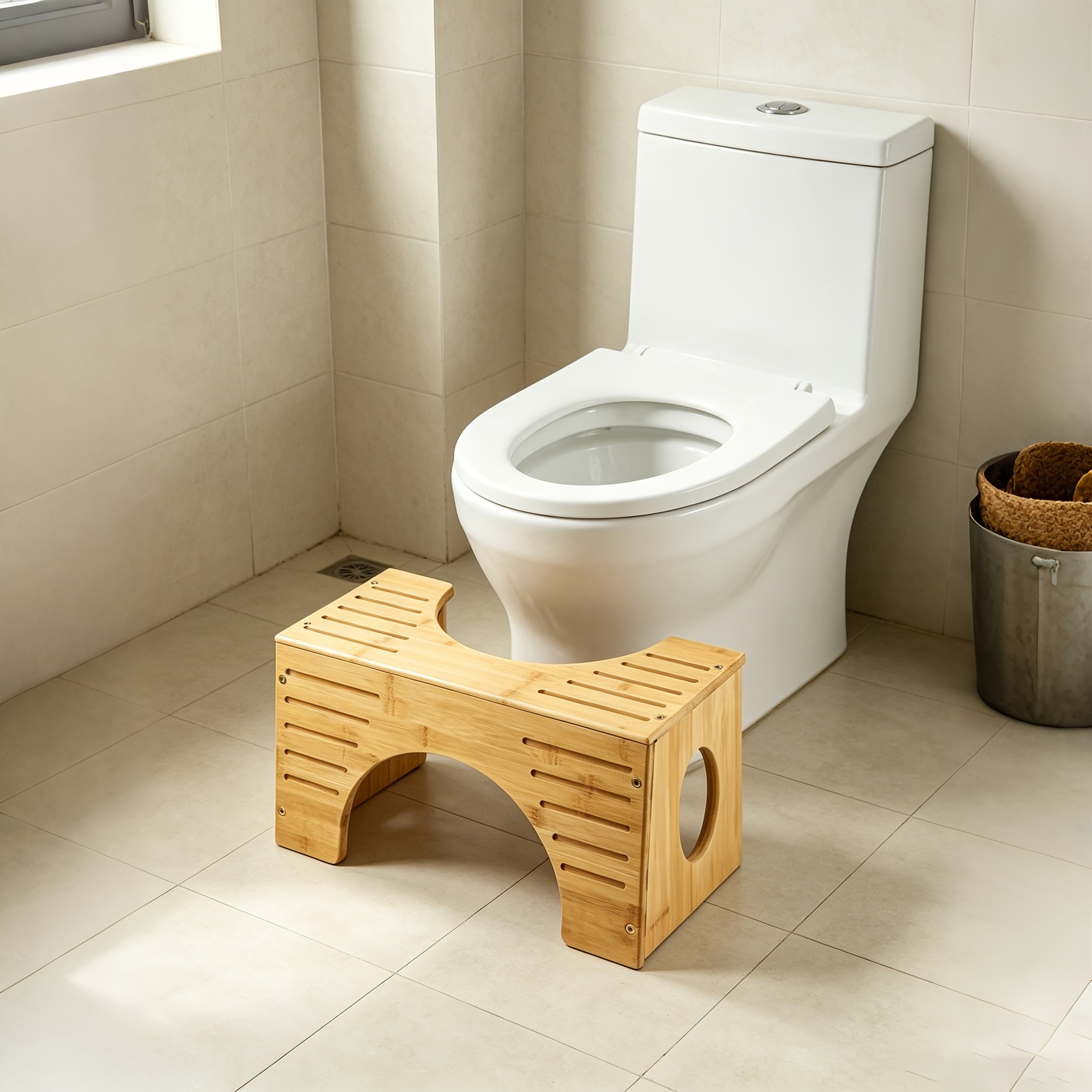 Image of Wooden Bathroom Step Stool Suitable For Home Bathrooms; Designed With An Arched Shape To Prevent And Injuries, This Versatile Stool Is Ideal For Use In The Bathroom, Such As For Reaching The Sink.