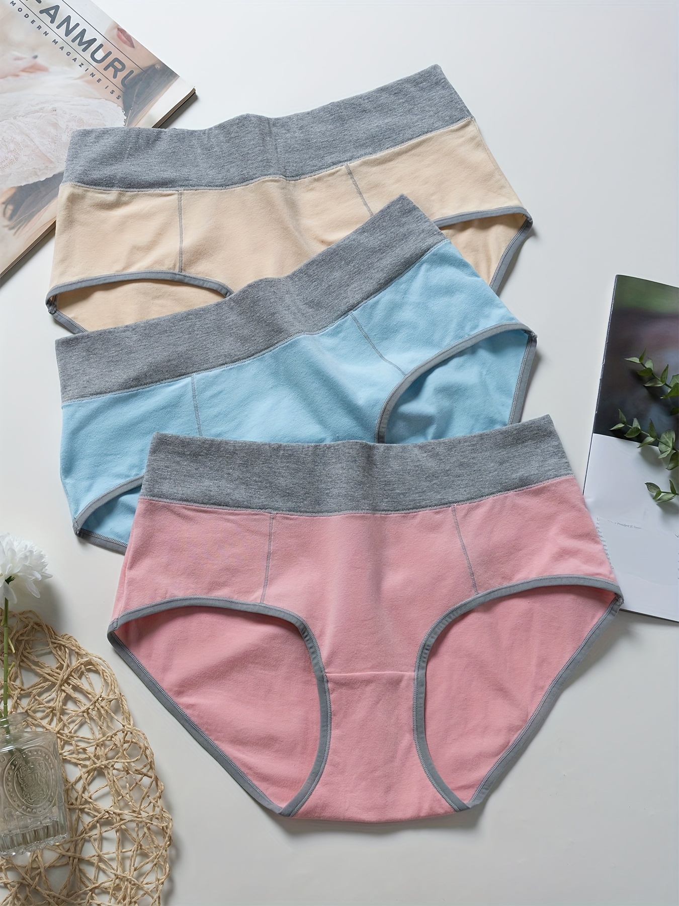 3 Pack Plus Size Simple Underwear Set, Women's Plus Colorblock High *  Medium Stretch Panties 3 Piece Set