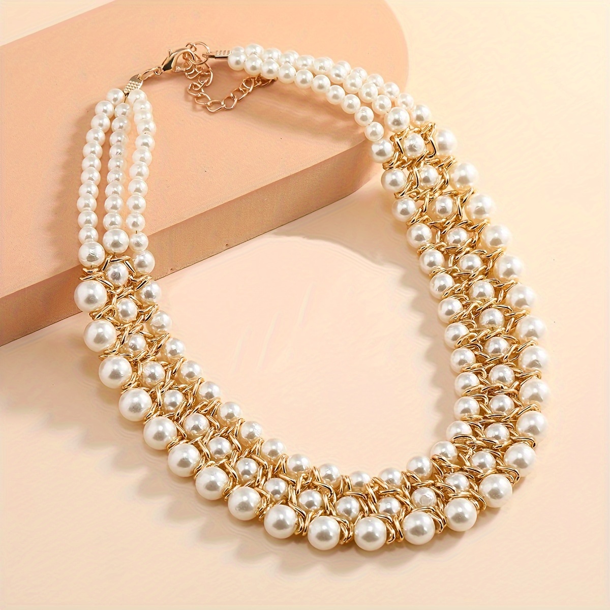 

Elegant 3-row Faux Pearl And Aluminum Chain Necklace, Bohemian Style Fashion Statement Accessory For Women, Perfect Gift For Girlfriend