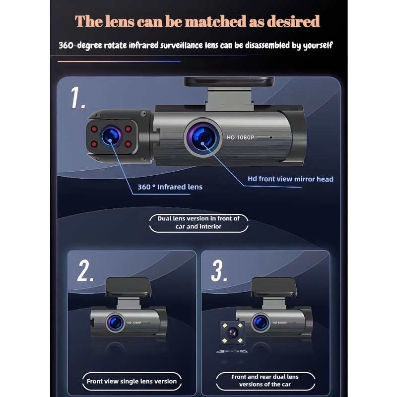 Caméra de tableau de bord compacte M8-D8, double ou simple caméra, enregistrement 1080p, vision nocturne, détection de mouvement, enregistrement en boucle, options de carte mémoire 32GB ou 64GB, boîtier plastique résistant, prise en main facile