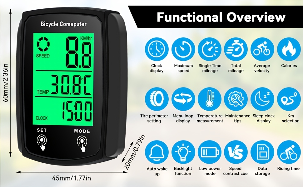 Wired Bike Computer, Bicycle Odometer with MPH And KM/H Options, Featuring a Touch Sensor Switch, Large Digital LCD Display, And Automatic Wake-Up Function