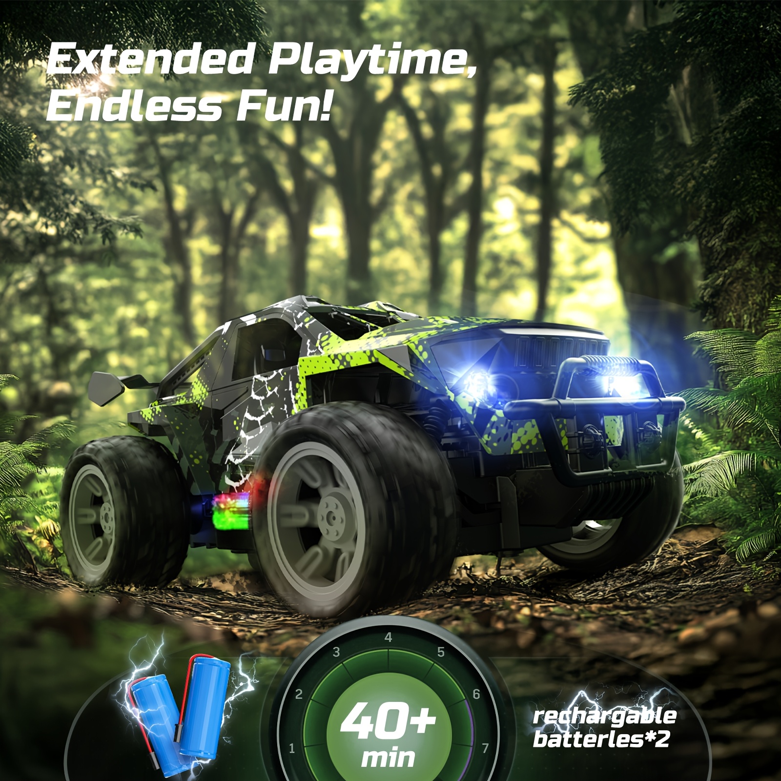 DEERC Remote Control Car With LED Colorful Lights, 1:19 RC Toy Truck For Boys, 2.4Ghz High-Speed Monster Vehicle With 2 Batteries, All Terrain Off-Road Race Car, Perfect Birthday Gift For Boys Girls