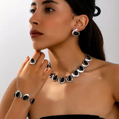 an elegant and sexy exaggerated womens necklace earring bracelet and ring set featuring geometric spiral with black acrylic banquets parties and festive occasions