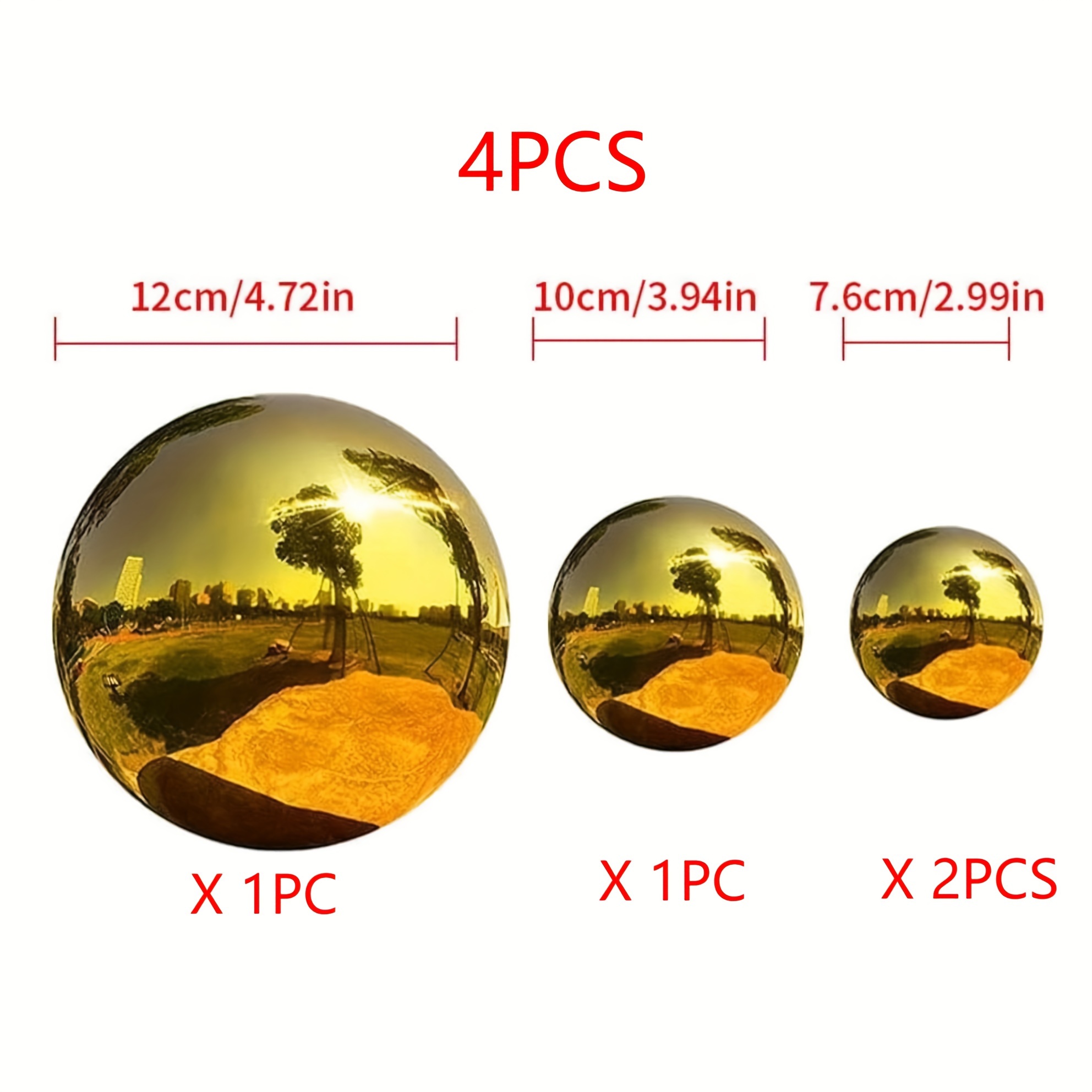 Image of 4pcs Golden Stainless Steel Garden Spheres - Polished Reflective Outdoor Decor Balls For Yard & Patio