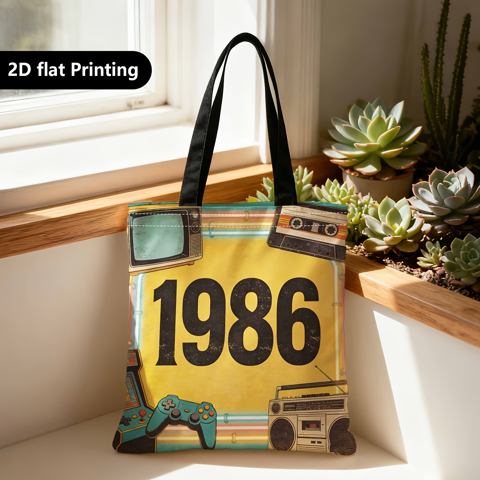TEMU Sac Shopper, Sac à Bandoulière Portable pour Courses, Sac à Main, 2D , 1986, Technologie Rétro, Jeux Vidéo, Idéal pour Voyage, Cosmétiques, Sacs
