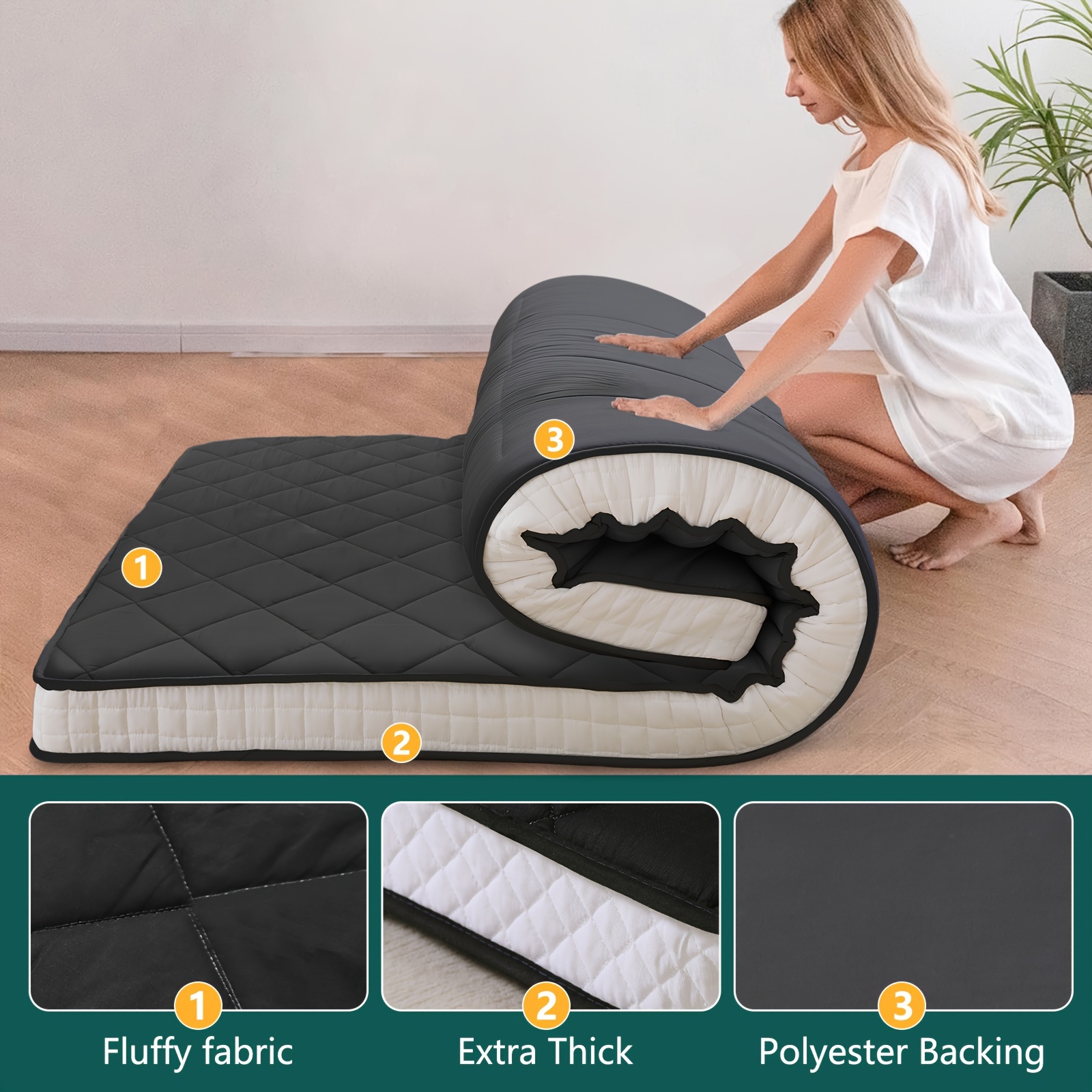 

Lilypelle Japanese Floor Mattress, Extra Thick Memory Foam Futon Mattress, Foldable Roll Up Sleeping Pad, Futon Mattress, With Bandage And Storage Bag, 80" L×39" Wtwin Size, Black