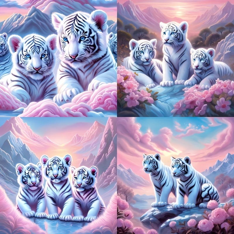 

4-pack Family Diamond Painting Kits - 5d Acrylic Round Diamond Art, Animal-themed Canvas, Decor 7.87x7.87 Inches