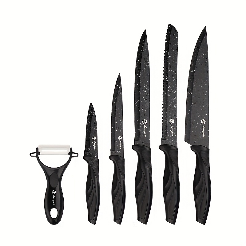 TEMU 6pcs Kitchen Knife Set, Including Chef's Knife, Bread Knife, Slicing Knife, Knife, Fruit Peel Knife, Peeler, Kitchen Stainless Steel Knife Set,