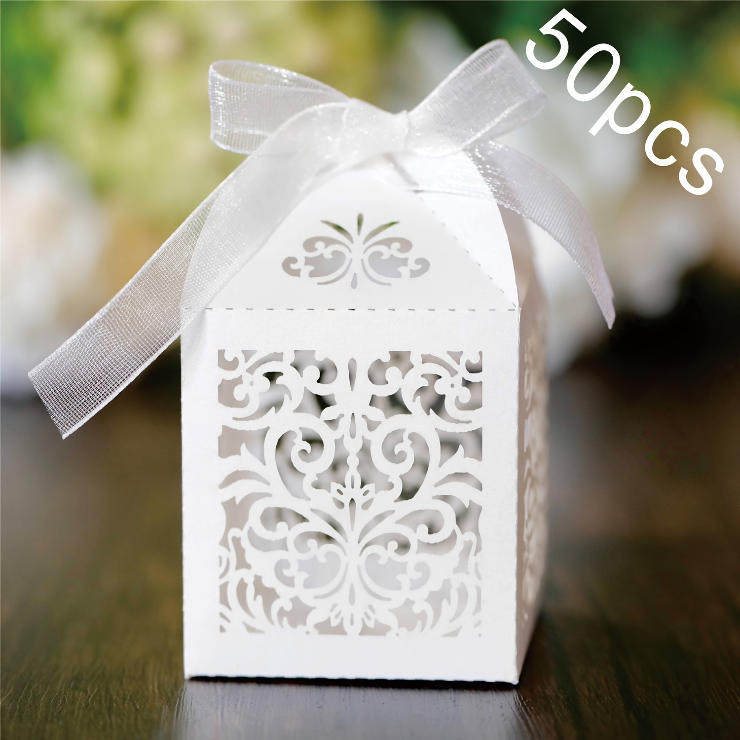 

50pcs Elegant White Floral Favor Boxes With Ribbons For Wedding Bridal Shower Birthday Party - Intricate Cutout Paper Candy Chocolate Gift Containers