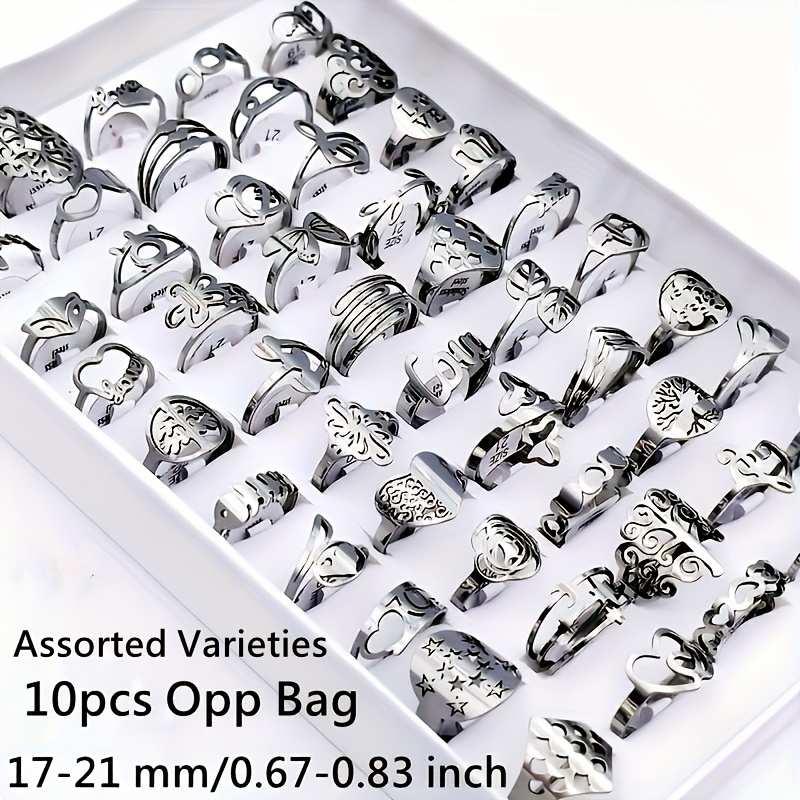 TEMU Wholesale 10pcs/ Bag Women's Jewelry Set Men And Women's Hollow Out Ring Silvery And Golden Stainless Steel Material Size 17mm-21mm Animal Heart