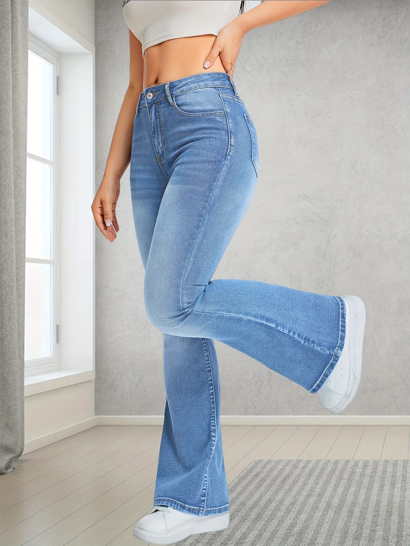 Light Blue Casual Bootcut Jeans *-Stretch Slant Pockets High Waist Denim  Pants, Women's Denim Jeans & Clothing