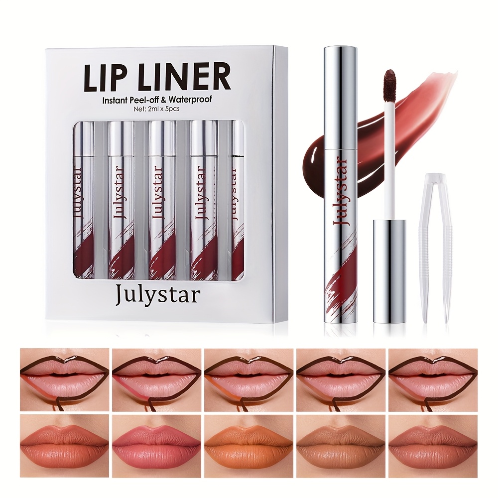 TEMU Pack Of 5 Removable Lip Liner With High Color Peeling , Long-lasting Waterproof Formula, Nourishing Matte Effect Lip Liner To Create Peellipstain For Wear And Create A Vibrant Makeup