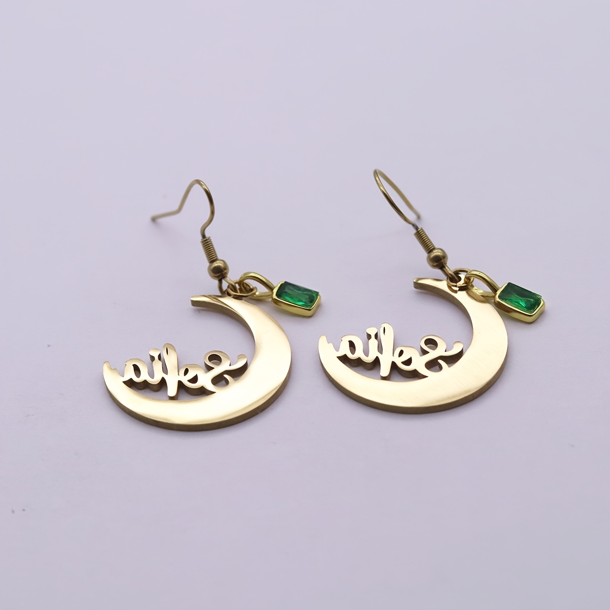 Personalized Green Crescent Moon Name Earrings, Gift for Her