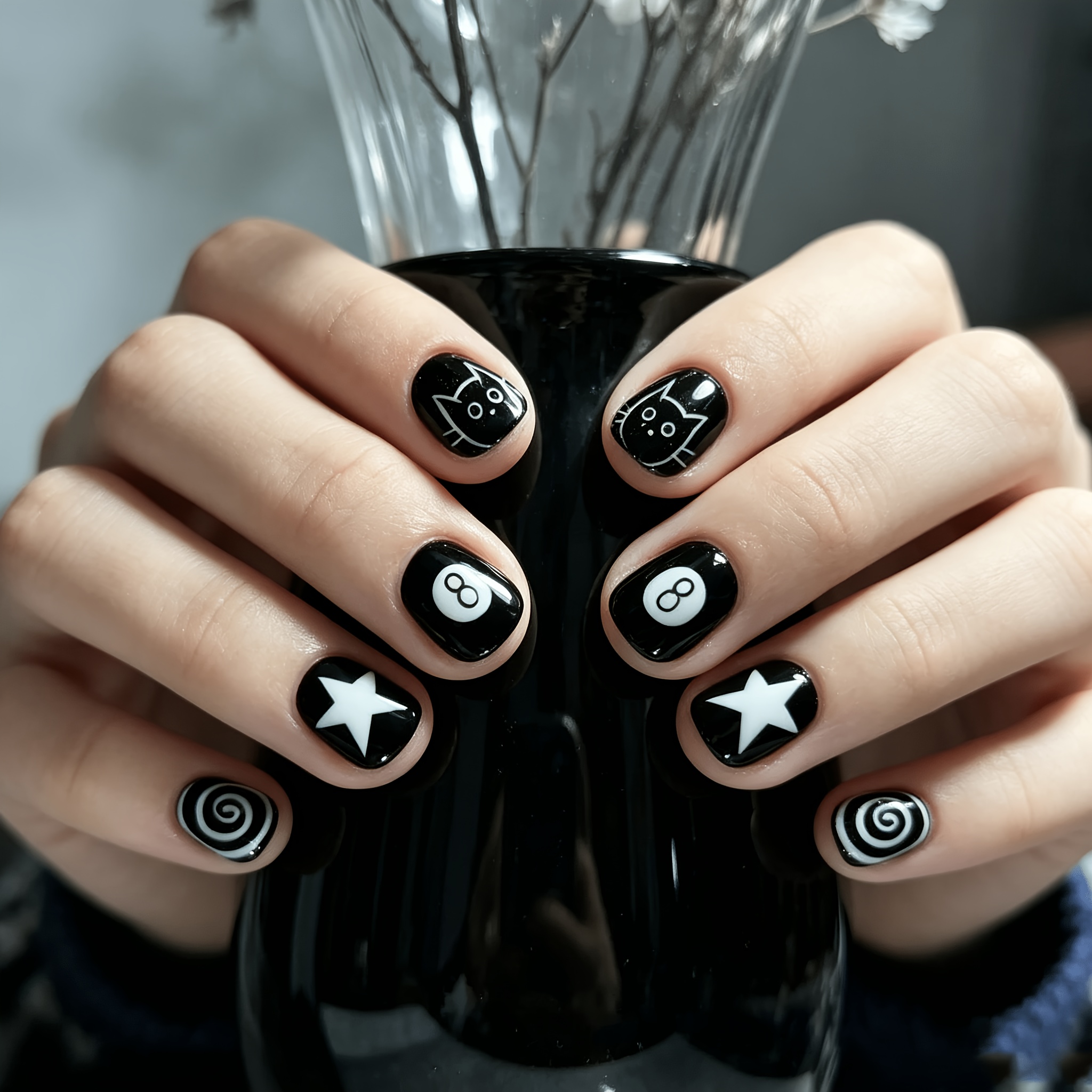TEMU Short Press-on Nails, Black And White Hand-painted Cat With Ball And Stars, Cool And Edgy Niche Style, Detachable And Reusable Fake Nails
