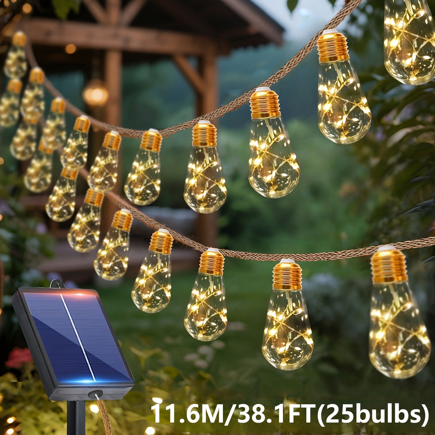 Image of Solar String Lights Outdoor, 7.6m/11.6m Led Lights, Solar Powered Patio Lights, 8 , Festoon Fairy Light For Garden Outdoor Decorations, Warm White, Outside Halloween Christmas Wedding Lights