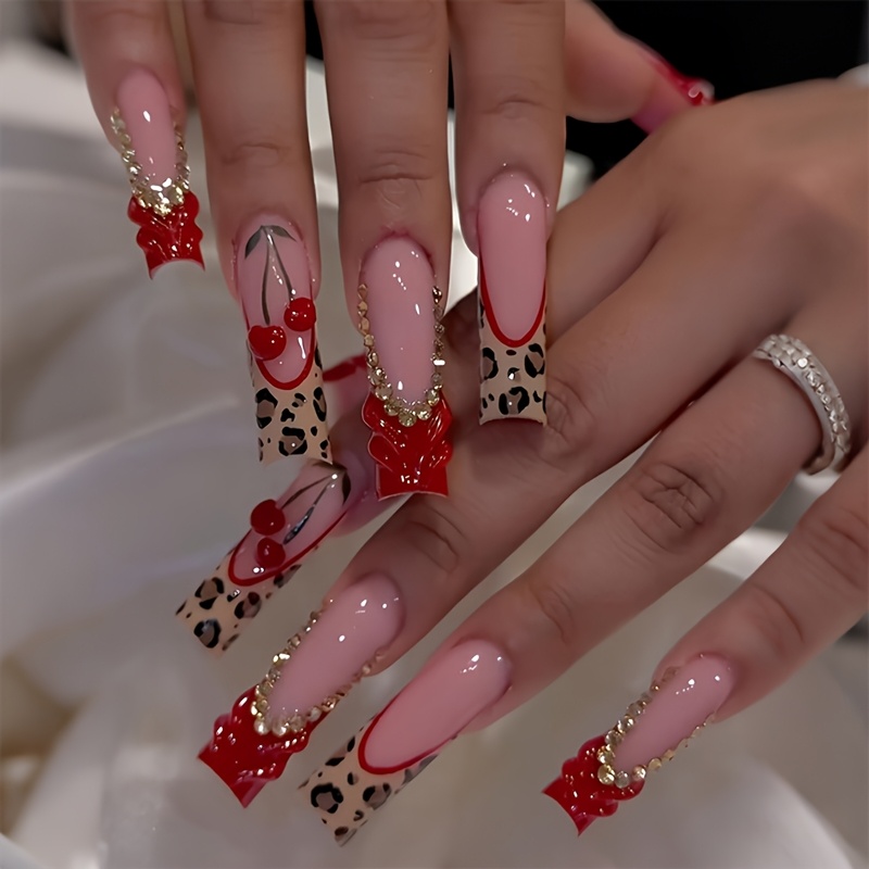 TEMU 24pcs Leopard Press On Nails Long Square Coffin Fake Nails Reusable Full Cover With 3d Line Rhinestone & Cherry Decorate Nails Acrylic Surface