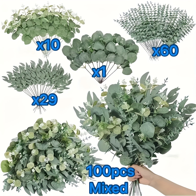 Image of Sets Of Nordic-style Artificial Eucalyptus And Willow Branches In Quantities Of 30, 50, 70, Or 100 For The , Featuring 4 Types Of Mixed Greenery Suitable For Home Decor, Vase Embellishments