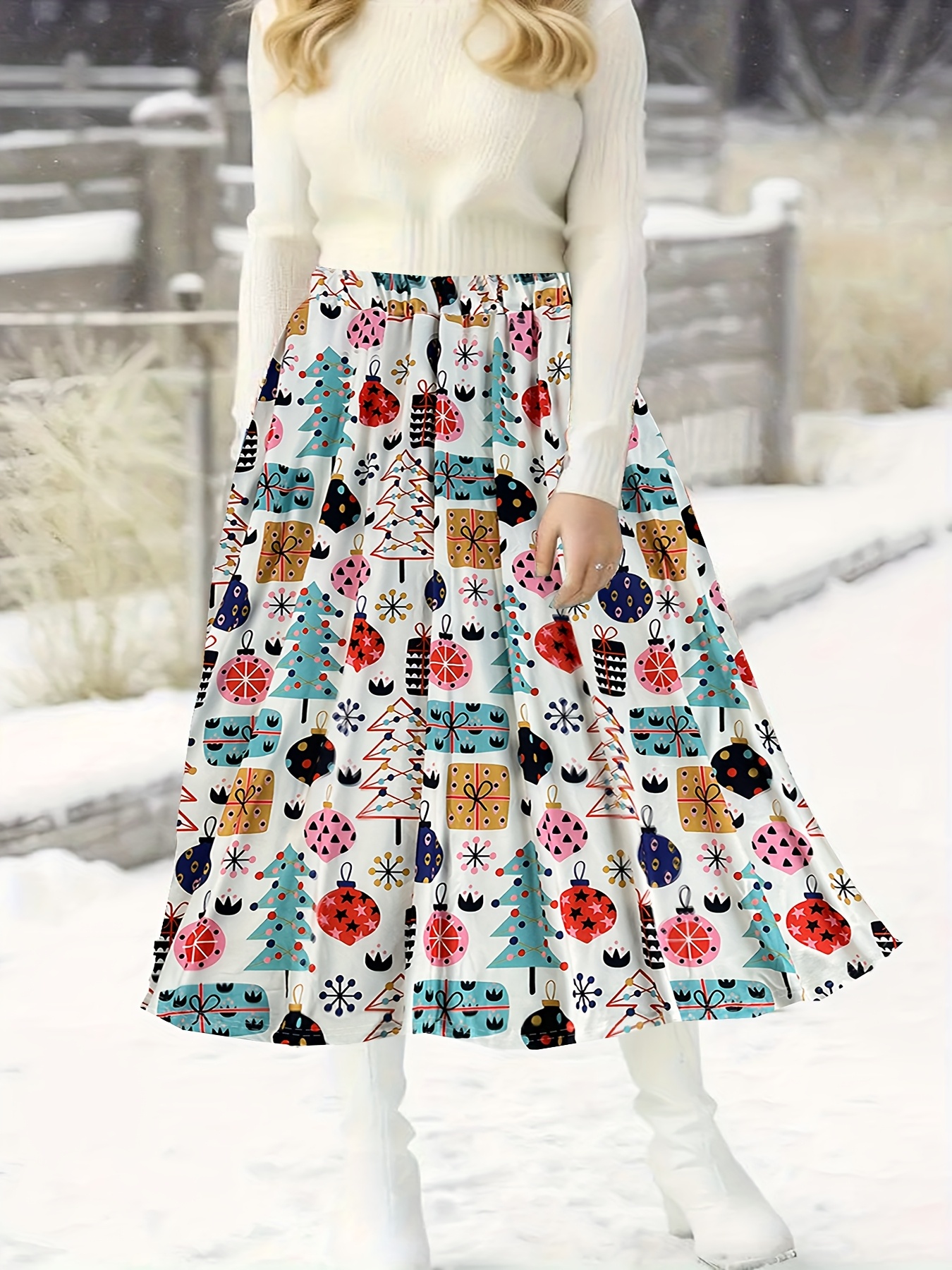 plus size christmas print midi skirt elegant high waist Temu New