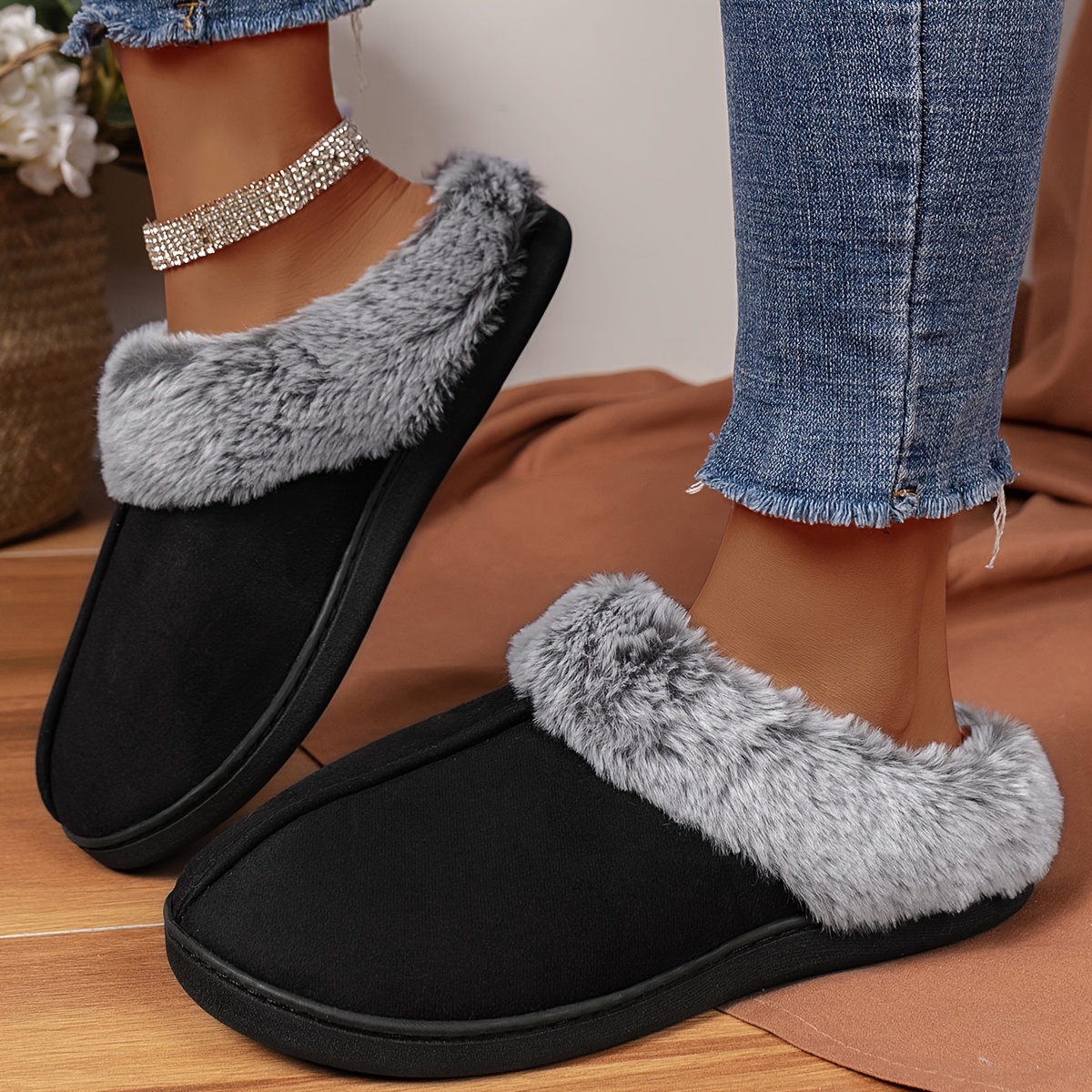 

Fluffy Solid Color Cozy Slippers, Soft Sole Flat Closed Toe Plush Lined Shoes, Winter Non-slip Home Warm Shoes