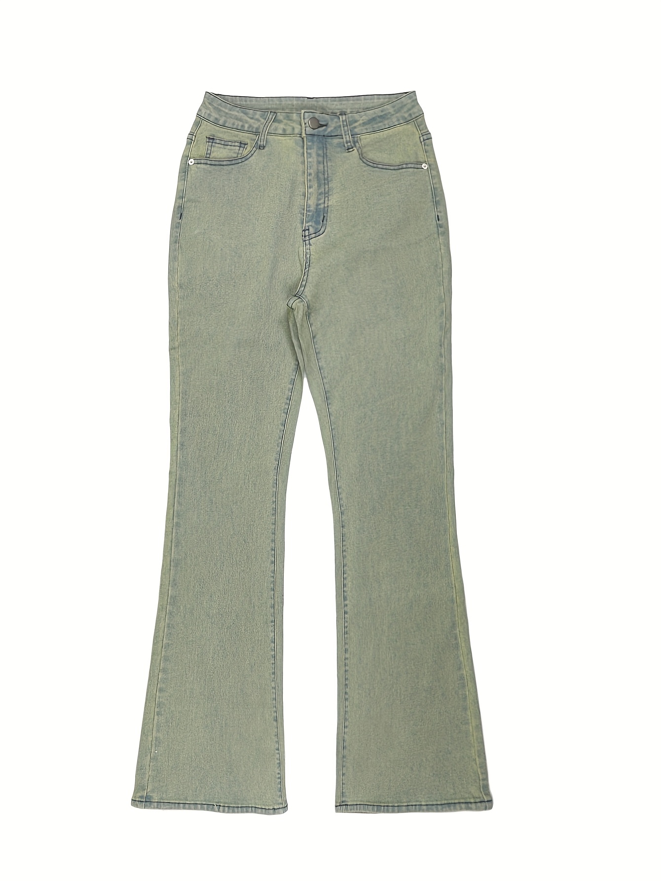 GILIPUR MH1025 Light Blue Retro High-Waist Stretch Straight Leg Women's Pants, Street Style Solid Color Long Pants with Pockets, All-Season Comfortable Stretch Fabric, Machine Washable