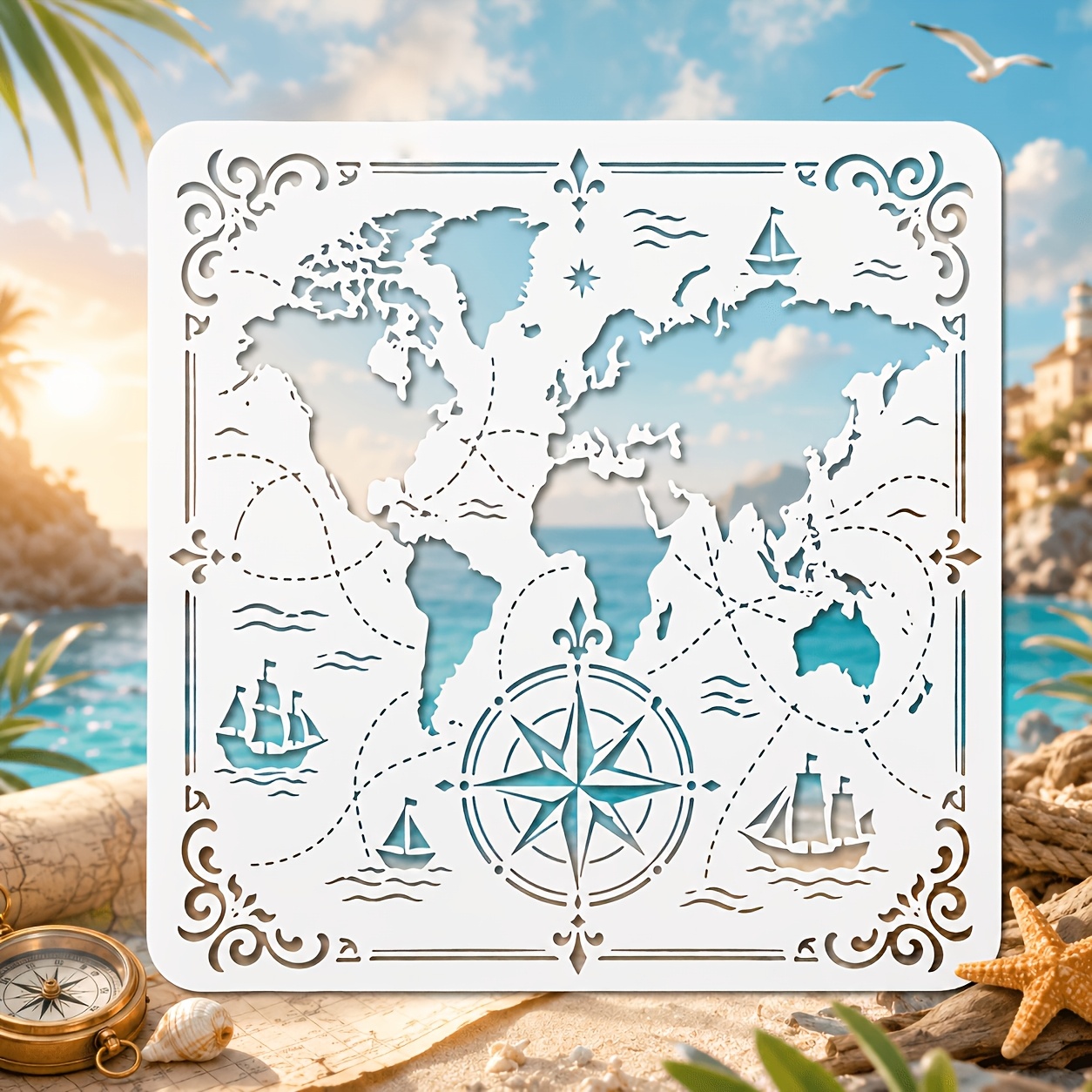 TEMU 1pc Reusable Nautical Chart Stencil With Compass & Maritime Symbols - Plastic Suitable For Painting, Drawing Templates For Crafts, Diy Wall Art,