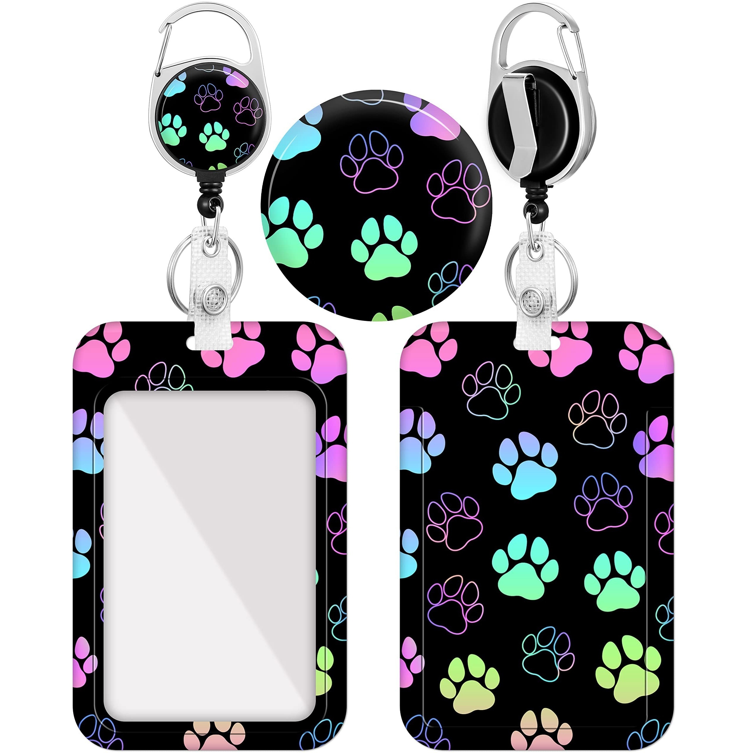 

Paw Print Badge Holder With Retractable Reel, Abs Material Vertical Id Name Tag Card Protector Cover Case With Heavy Duty Clip For Office, Nurse, Medical, Teacher - Colorful Paw Design