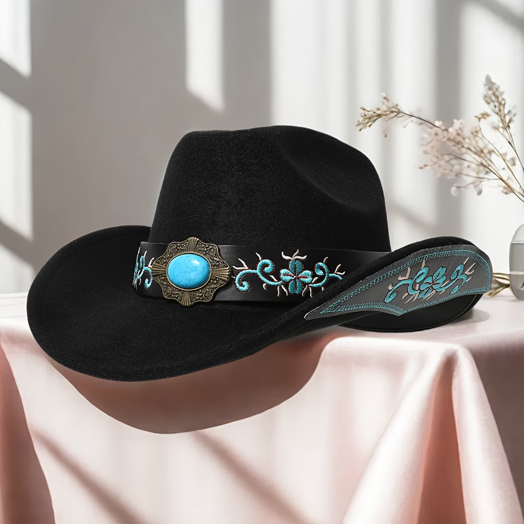 TEMU An Elegant Women's Fedora Hat With A Teal Embroidered Band, Denim Cowboy Hat, Hand Wash, For Wedding Occasions, Lightweight, Non-stretch, Top Hat